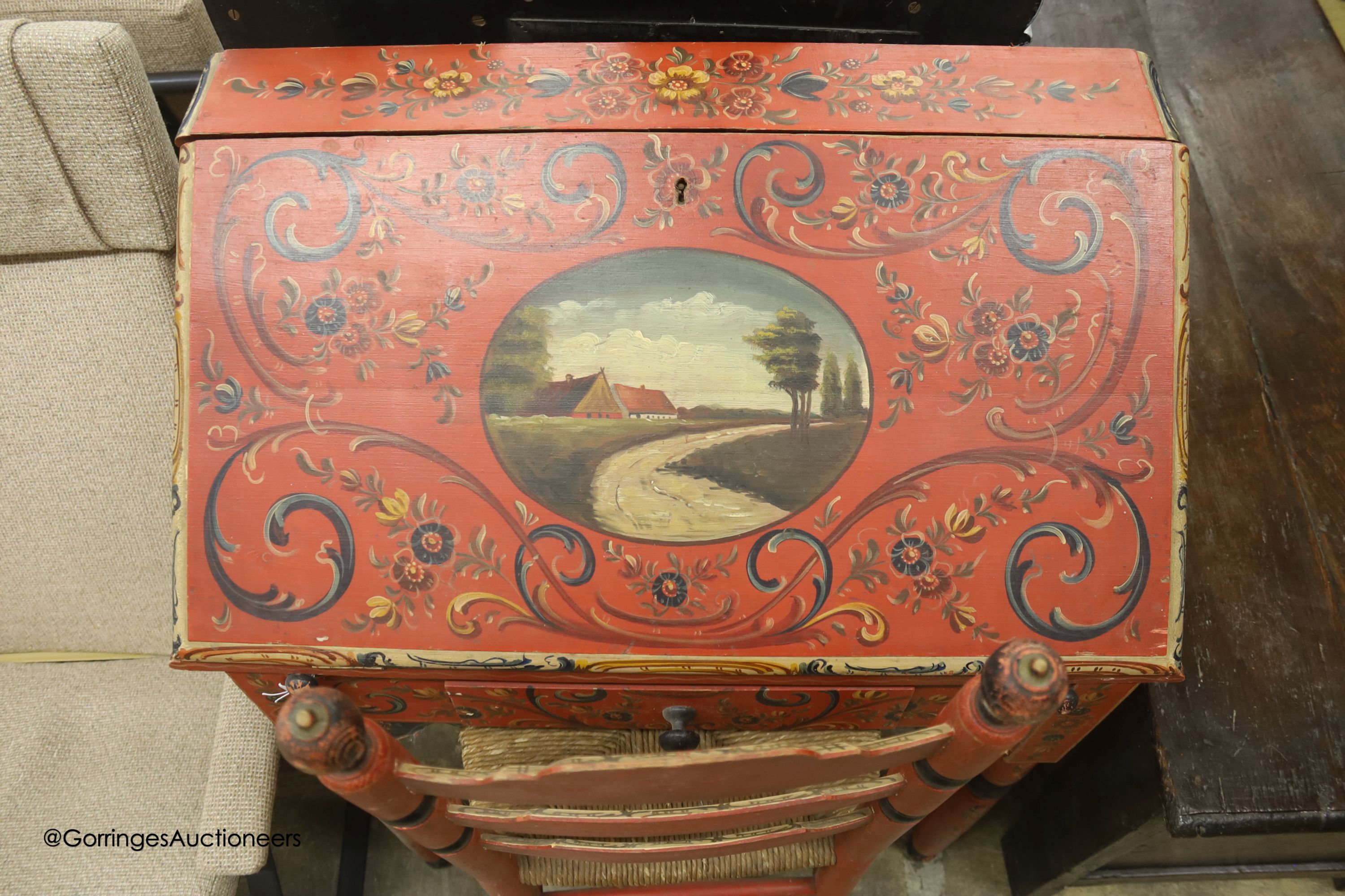 An Austrian painted bureau, width 70cm, depth 39cm, height 96cm and chair